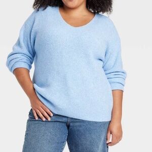 Ava & Viv Women's Cozy Knit V-Neck Pullover Sweater Size 1X Light Blue